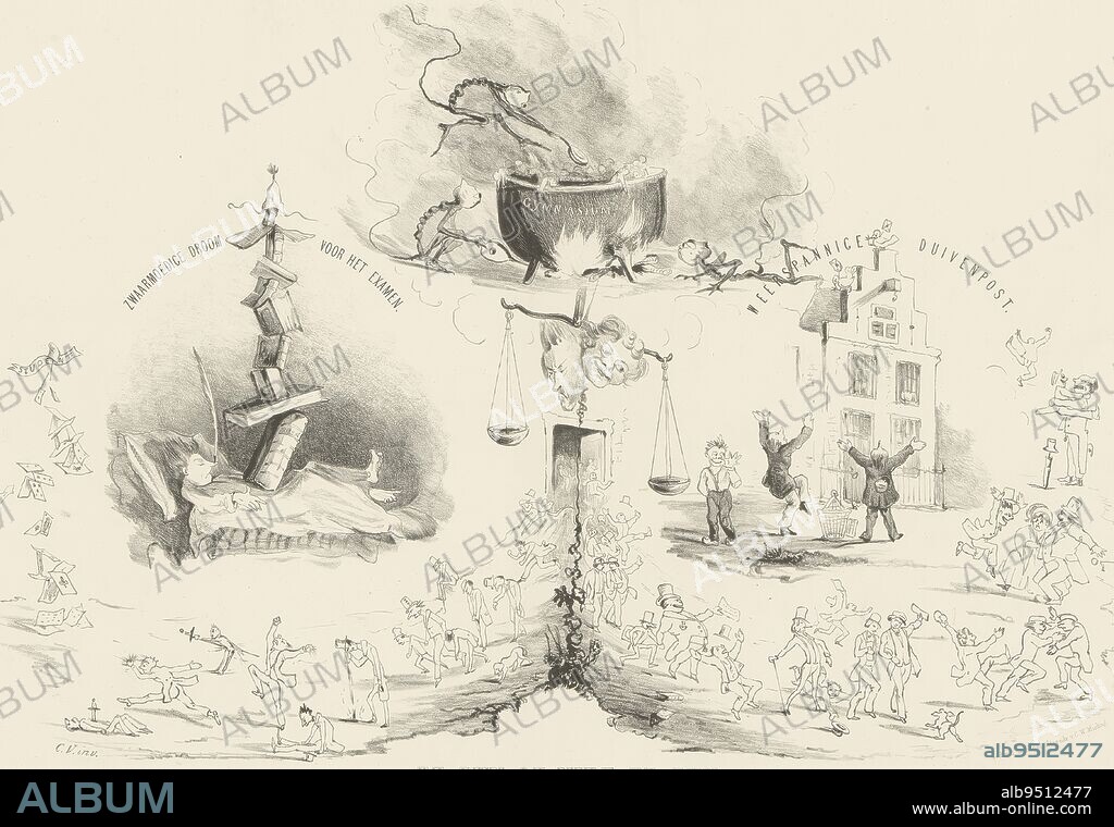 Cartoon on Minister Thorbecke's aggravation of the state examination for admission to university, by Royal Decree of 1 July 1850. On the left the dream of the student in bed and the sad students who failed, on the right the happy students who did pass. At the top, the students at the gymnasium are being cooked in a large kettle., Cartoon on the state examination for admission to university To be or not to be or the state examination in the Netherlands. Tragedy in 30 days , print maker: Jan Karel Jacob de Jonge, (possibly), Carel Vosmaer, (mentioned on object), printer: Koninklijke Nederlandse Steendrukkerij van C.W. Mieling, (mentioned on object), The Hague, 1850, paper, h 355 mm - w 516 mm.