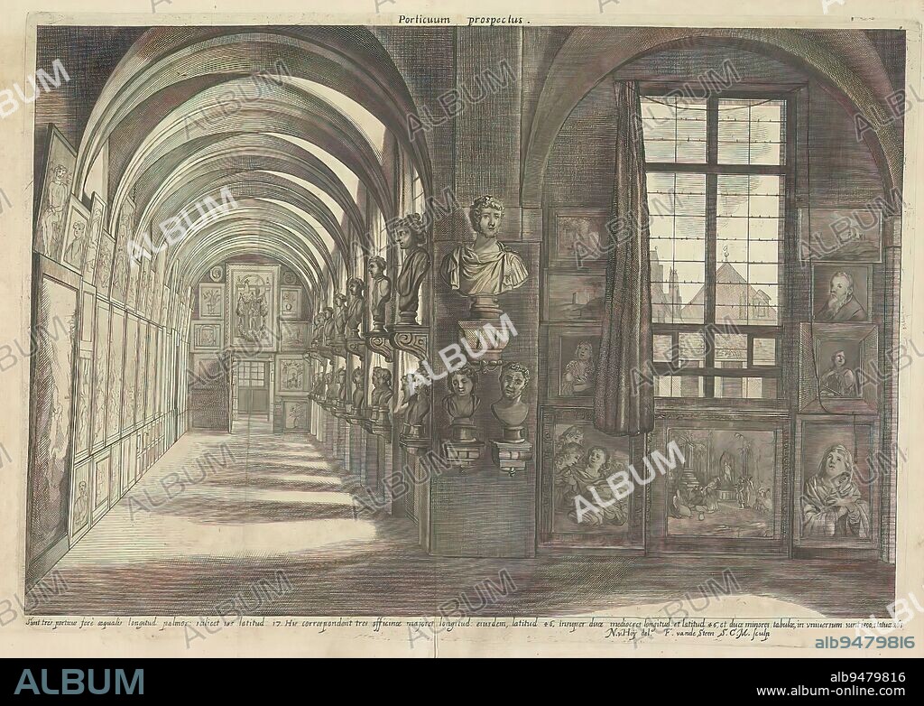 View of part of the Stallburg Gallery of Archduke Leopold William of Austria, Porticuum prospectus (title on object), With paintings and portrait busts. Below a one-line explanation of the dimensions of the gallery. This print is part of an album., print maker: Franciscus van der Steen, (mentioned on object), after drawing by: Nikolaas van Hoy, (mentioned on object), publisher: David Teniers (II), print maker: Vienna, after drawing by: Vienna, publisher: Brussels, 1660, paper, etching, height 283 mm × width 393 mm.