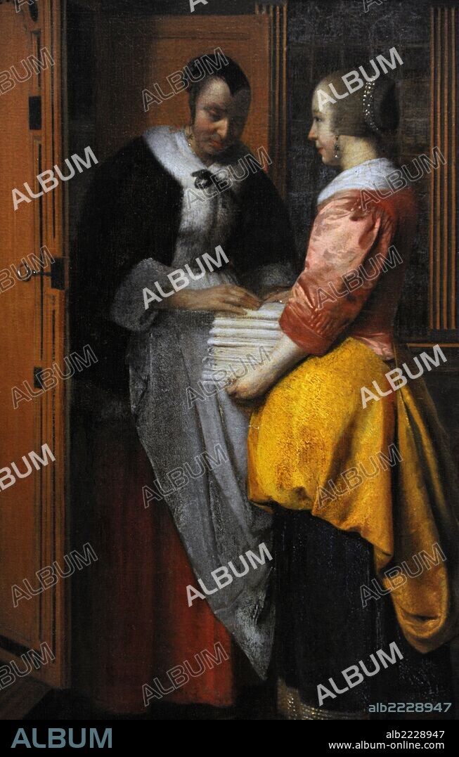 PIETER DE HOOCH. ARTE BARROCO. HOLANDA. HOOCH, Pieter de (1629-1684). "INTERIOR CON MUJERES JUNTO A UN ARMARIO DE ROPA" (1663). Oleo sobre lienzo. Detalle. Rijksmuseum. Amsterdam.