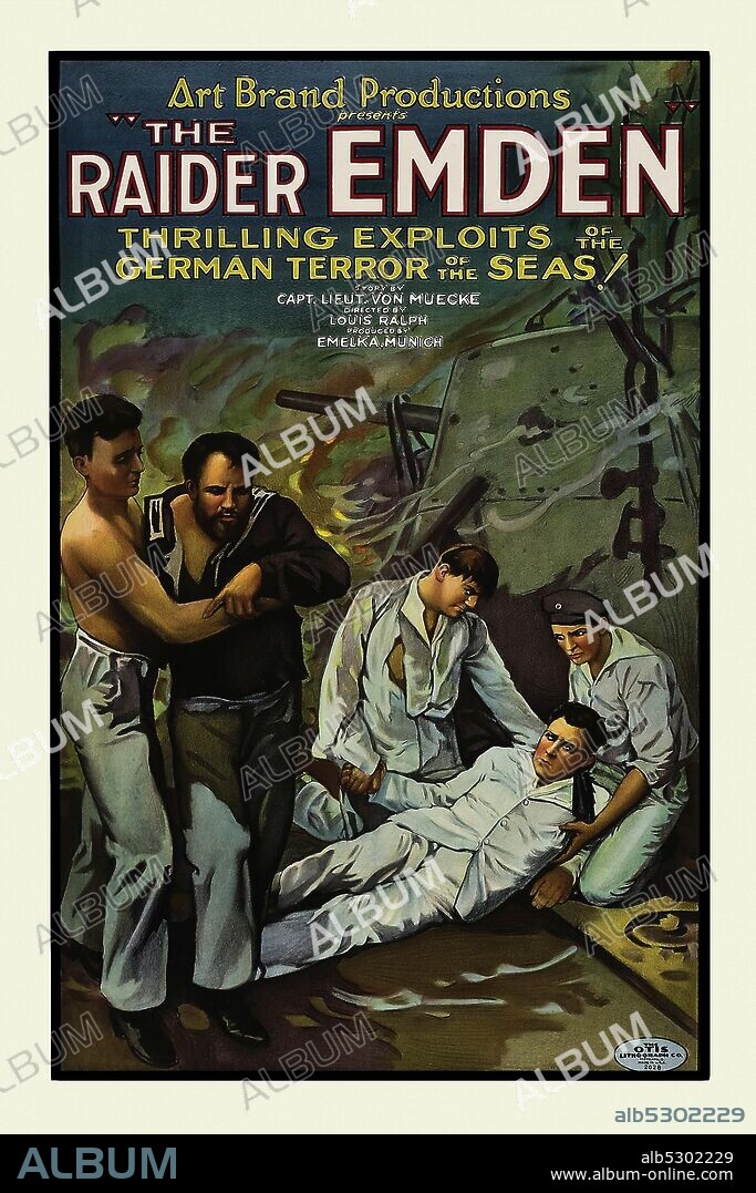 German World War I crew of German Raider ship with wounded men and a gun turret in background.  1928 silent film by Director: Louis Ralph by Writer: Kapitän-leutnant Hellmuth von Mücke.  Mücke was the Executive Officer and First Lieutenant of the German Light Cruiser SMS Emden of the Imperial German Navy during her successful career as a commerce raider in the autumn of 1914.  The Emden was a vessel in the German East Asia Squadron based at Tsingtao. The squadron's commander detached it to raid commerce in the Indian Ocean while he attempted to bring the rest of the squadron back to Germany around Cape Horn..