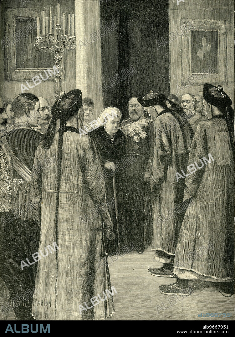 GEORGE HENRY GRENVILLE MANTON. 'Visit of Li Hung Chang to the Queen at Osborne', c1900. Chinese diplomat Li Hongzhang, Viceroy of Zhili, with Queen Victoria at Osborne House in 1896. '...he failed to give the extensive orders for ships and materials of war that some of his entertainers had hoped for, and the general feeling was that too much fuss had been made over him'. From "Cassell's History of England, Vol. IX". [Cassell and Company, Limited, London, Paris, New York & Melbourne].