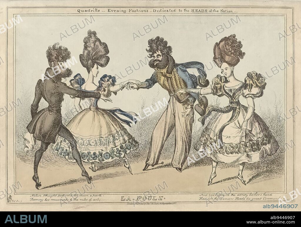 Cartoon on exaggerated hairstyles, 1827 (title on object), Quadrille - Evening Fashions - Dedicated to the Heads of the Nation. La Poule (title on object), Cartoon showing two dancing couples, all four with exaggerated hairstyles., print maker: William Heath, publisher: Thomas McLean, (mentioned on object), print maker: England, publisher: London, 1827, paper, etching, height 260 mm × width 375 mm.