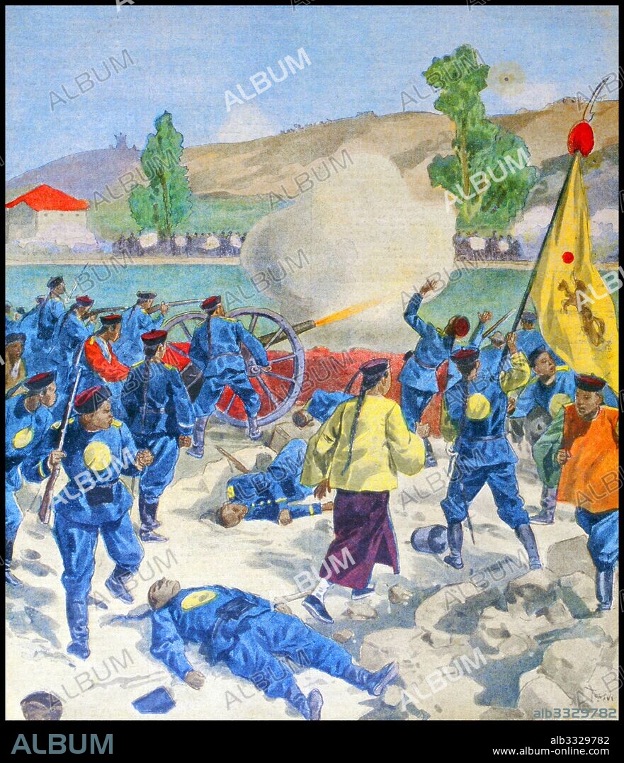 Boxer rebels with flag in action during a battle in the Boxer Uprising or Yihequan Movement. This was a violent anti-foreign and anti-Christian uprising that took place in China between 1899 and 1901, towards the end of the Qing dynasty.