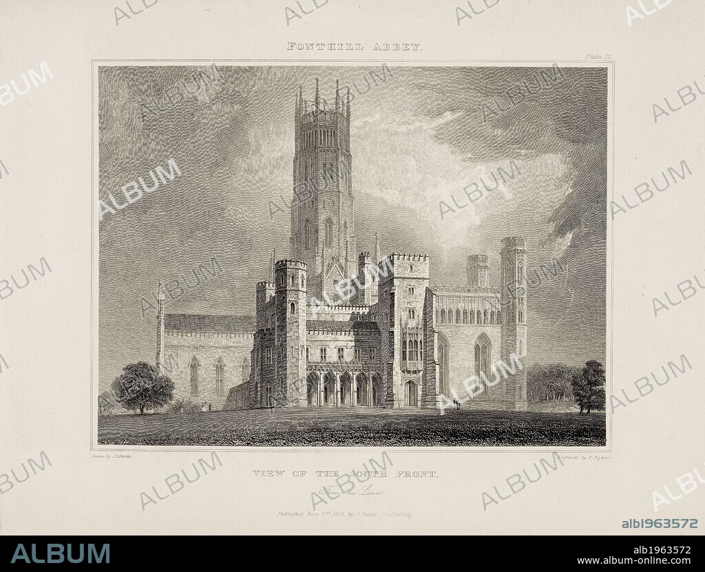 J RIUTTER. Illustration of  Fonthill Abbey in Wiltshire. Engraving. 1823. . Delineations of Fonthill and its Abbey. By J. Rutter. London. J. Rutter. Delineations of Fonthill and its Abbey. By J. Rutter. Fonthill Abbey, Wiltshire. 1823. Source: 191.e.6 opposite 71.