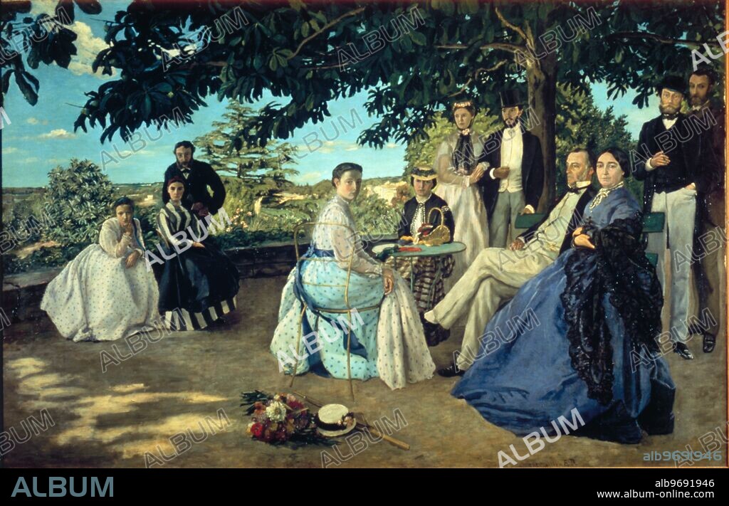 Jean Frederic Bazille 1831-70. Reunion de Famille. Bazille was a French painter associated with the Impressionists. He was born into a wealthy family in Montpelier. After beginning a medical career in Paris (1862), he began to study painting part-time with Gleyre where he met Renoir, with whom he shared a studio, Monet and Sisley. Through them he met Manet, and he worked with the Impressionists at Honfleur in 1864. He also painted at Barbizon in 1863. He gave up medicine in 1865 and shared a studio with Monet. His career was cut short by the Franco-Prussian war in which he fought and died. He was interested in plein air painting, but of figures rather than pure landscape, and his work is of interest for its exploration of the effects of light on flesh tones (e.g. Family on the Terrace, 1867) - ©TopFoto.