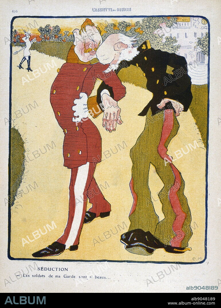 Illustration in a French magazine depicting a satirical view of the German Kaiser Wilhelm II with the Austrian Emperor, Franz Joseph I in 1909.