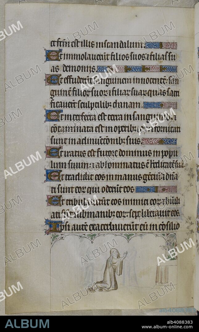 Bas-de-page scene showing the devotion of Eulalia, a nun of Shaftesbury, towards the Virgin Mary. Psalter ('The Queen Mary Psalter'). England (London/Westminster or East Anglia?); between 1310 and 1320. Source: Royal 2 B. VII, f.225v. Language: Latin, with French image captions.