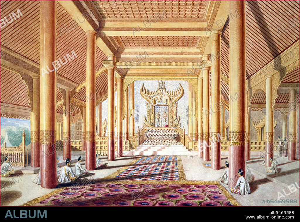 In 1855 the British sent a diplomatic mission to the court of King Mindon Min (r.1853-1878). Grant (1813-1880) was sent as the official artist of the mission. Together with a privately-printed book of notes, his drawings give a vivid account of the journey, and a number were used for illustrations to Henry Yule’s ‘A Narrative of the mission sent by the Governor General of India to the Court of Ava in 1855’ published in 1858. Grant wrote that the audience chamber represented in this painting was 'called ‘Thee-ha-thuna-yàzà-pulleng’, and used only on occasions of importance.the blaze and brilliancy of the colonnaded hall, with its choir and transepts, its elaborately ornate and singular throne, glittering in mosaic and gold.' Today, little remains of the palace buildings at Amarapura.