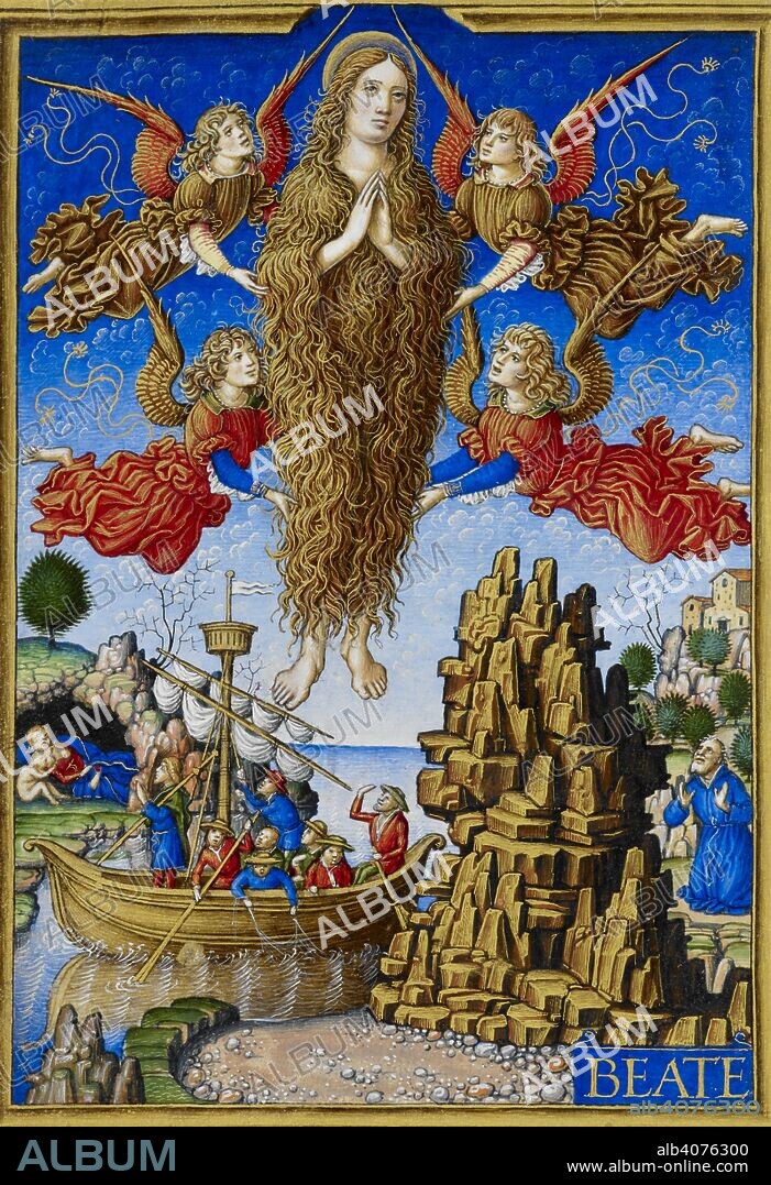 GIOVAN PIETRO BIRAGO. St Mary Magdalene borne aloft by angels. Sforza Hours. Milan, circa 1490; Flemish insertions, 1517-1520. Source: Add. 34294, f.211v. Language: Latin.