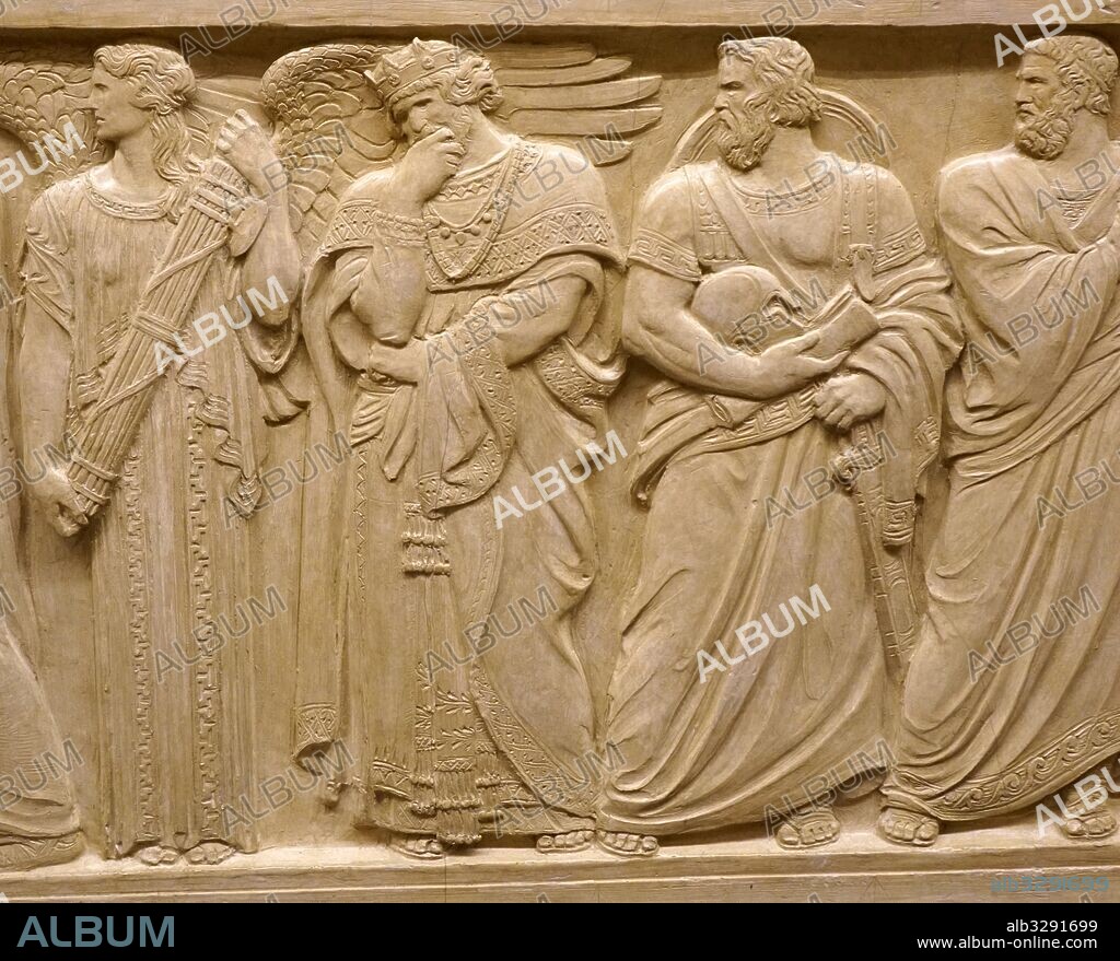 Relief depicting the figure of Austerity, King Solomon of Biblical Israel is seen hand supporting head in contemplation. Next to Solomon is Lycurgus (c. 900 – 800 BC) the legendary lawgiver of Sparta. US Supreme Court, Washington DC. USA.