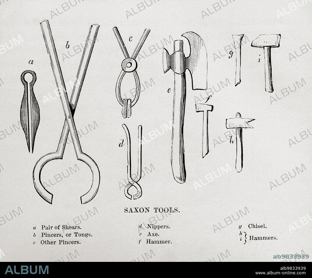 Carpenters and their tools in the 16th century. From The History of Progress in Great Britain, published 1866.