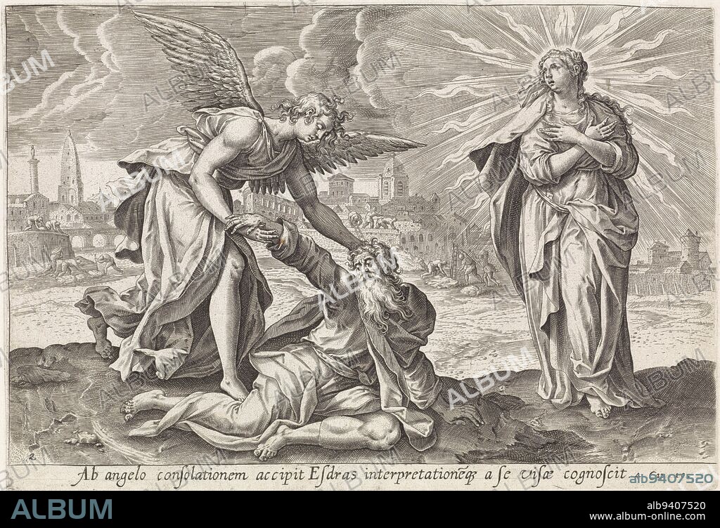The angel Uriel comforts Ezra and helps him up. Next to Ezra his vision of the radiant woman Zion. As she disappears Ezra sees the city being built in the background. Below the representation a reference in Latin to the apocryphal Bible text in 4 Ezra 10. Second vision of Ezra: Ezra comforted by the angel Visions of Ezra Thesaurus sacrarum historiarum veteris testamenti , intermediary draughtsman: Maerten de Vos, print maker: anonymous, publisher: Gerard de Jode, Antwerp, 1585, paper, engraving, h 205 mm × w 295 mm.