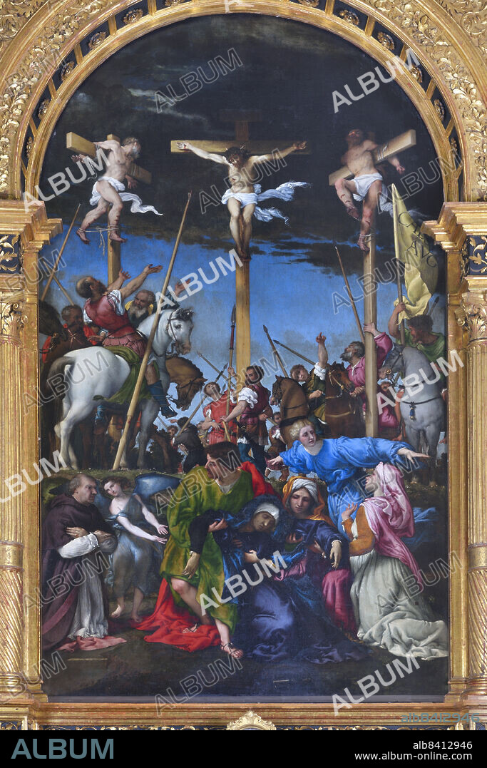 crocifissione di lorenzo lotto, chiesa di santa maria in telusiano, monte san giusto, marche, italia.