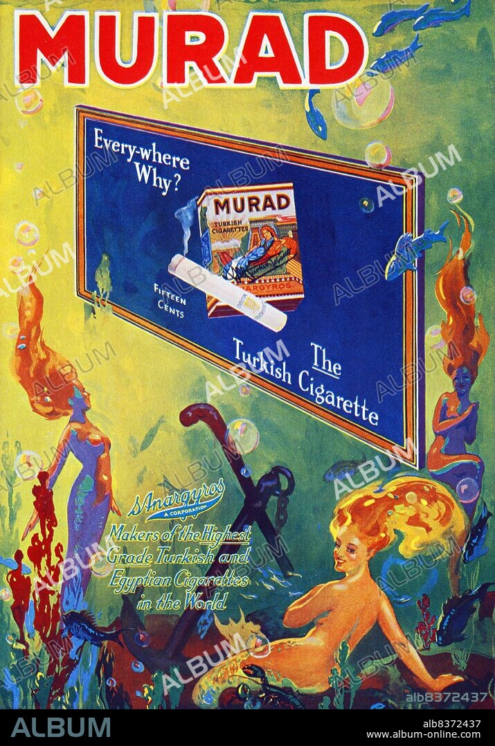 In the early 1900s, manufactures of Turkish and Egyptian cigarettes tripled their sales and became major competitors to leading brands. The New York-based Greek tobacconist Soterios Anargyros produced hand-rolled Murad cigarettes, made of pure Turkish tobacco.<br/><br/>. Many of the Murad advertisements others incorporated Orientalist motifs or models dressed in Middle Eastern dress.