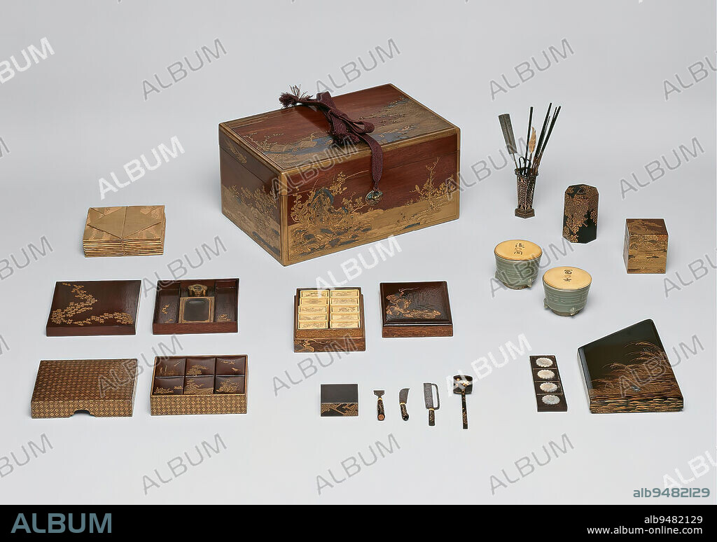 Box and assorted implements for the incense game, 17th-18th century, Unknown Japanese, 6 × 11 7/8 × 8 in. (15.24 × 30.16 × 20.32 cm), Wood, lacquer, gold; metal utensils, Japan, 17th-18th century, Incense played a prominent role in aristocratic culture of ancient Japan. Aristocrats were expected to know how to mix aromatic imported woods with other plant products and compound them into burnable, fragrant incense. Popular ingredients included aloe, sandalwood, frankincense, pine, lily, cinnamon, and patchouli, among others. In the 1400s, this artful appreciation of incense developed further into the so-called Way of Fragrance, or kd, along with the Way of Tea (sad or chad) and the Way of Flowers (kad, better known in the West as ikebana). In incense-based games, played with the set displayed here, participants take turns smelling, appreciating, and guessing the ingredients of a certain type of incense. In one variation of the game called 'Genji Incense' or Genjik, types of incense or combinations thereof hint at chapters of The Tale of Genji.