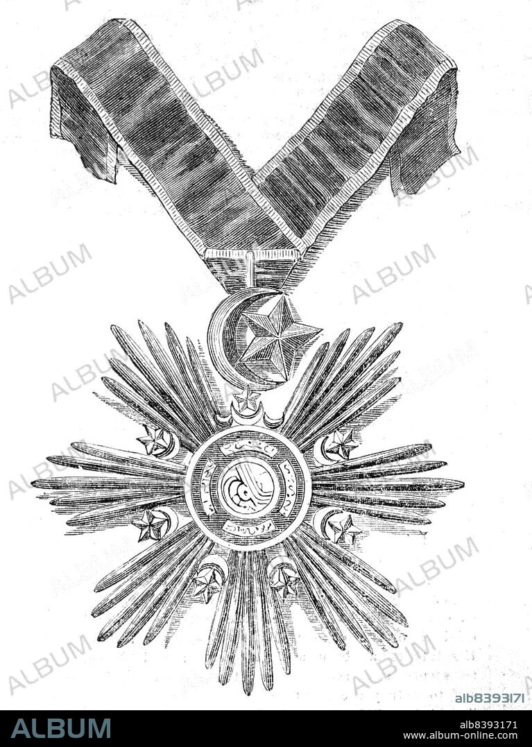 Decoration of the Mejidie, 1854. Order of the Medjidie - Turkish medal presented by Abdulmejid I, Sultan of the Ottoman Empire, to British naval officer Montagu O'Reilly for his service during the Crimean War. 'Lord Stratford de Redcliffe, with the discernment of a keen diplomatist, observed that Lieut. O'Reilly seized every opportunity to earn for his Captain and himself "a place in the world's eye;" and, therefore, his Lordship made a passage for the Lieutenant to the Sultan. On the 6th of February last, his Majesty granted to Lieut. O'Reilly, at his palace on the Bosphorus, a private audience...A short time after this interview the decoration of the Mejidie was sent to Lord Stratford de Redcliffe for Lieutenant Montagu O'Reilly as an acknowledgment "for special service in the Black Sea".' From "Illustrated London News", 1854.