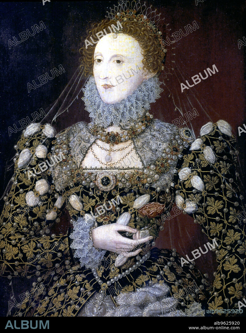 Elizabeth I, Queen of England and Ireland, 1575. The Phoenix portrait attributed to Nicholas Hilliard (1537-1619). The last Tudor monarch, Elizabeth I (1533-1603) ruled from 1558 until 1603. From the Tate Gallery, London.