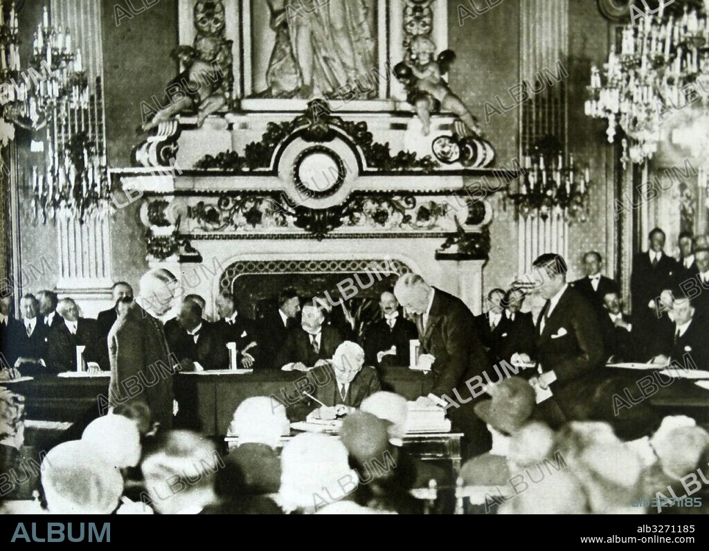 Photographic print of Frank B. Kellogg (1856-1937), an American lawyer, politician, statesman, Nobel Prize Laurate, U.S. Senate and U.S. Secretary of State, signing the Kellogg-Briand Pact. Dated 20th Century.