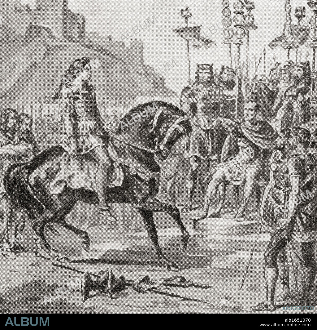 Vercingetorix the Gallic leader throws down his arms before Julius Caesar, 52BC. Gaius Julius Caesar, 100 BC to 44 BC. Roman military and political leader. From the book Harmsworth History of the World published 1908.