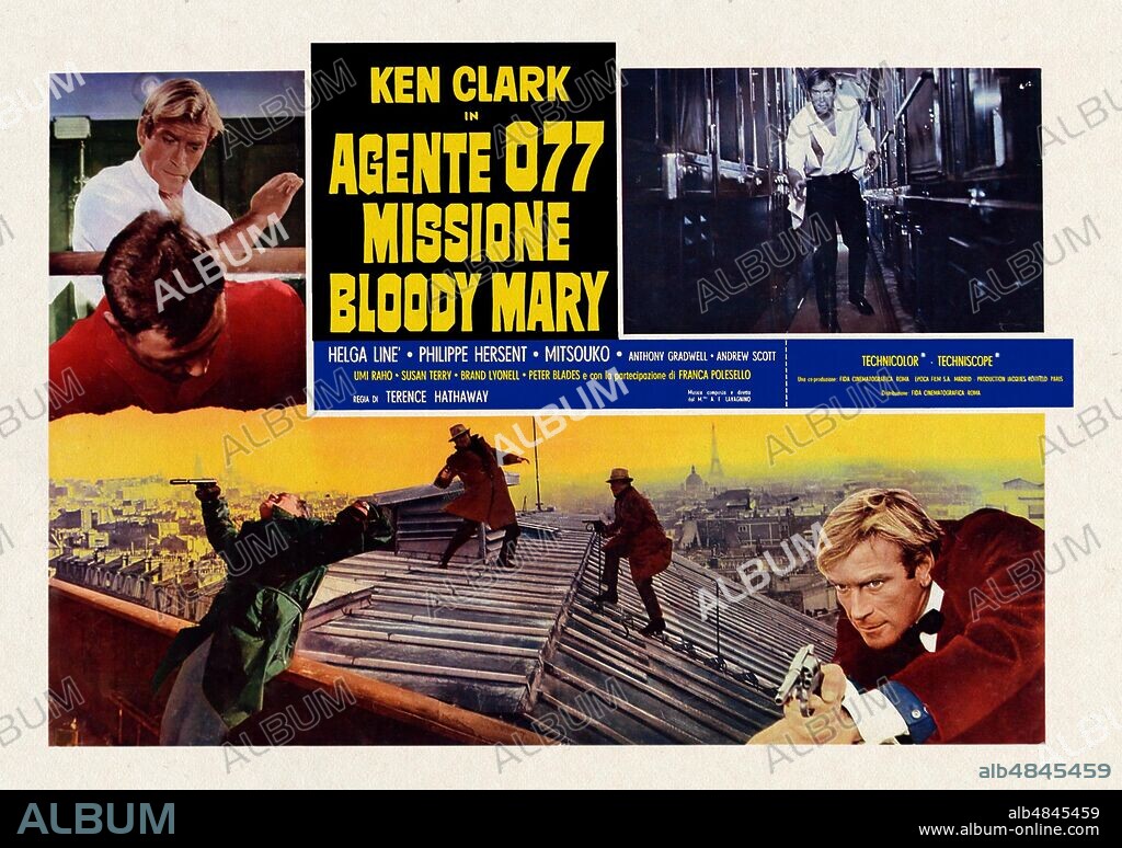 CINEMA Poster of the film 'Agent 077 mission Bloody Mary' with Ken Clark (1927 - 2009), subject, screenplay and direction by Sergio Grieco (1917 - 1982) under the pseudonym 'Terence Hathaway'. Agent 077, codenamed Dick Malloy, is a secret agent of the CIA involved in dangerous daring events and always surrounded by beautiful girls, clearly inspired by Ian Fleming's 007, and is the protagonist of a film trilogy with the same director and interpreter. Belonging to the genre of fantasy, the film is an international co-production between Italy, France and Spain. Fida Cinematografica, Les Productions Jacques Roitfeld, Época Films SA, 1965.