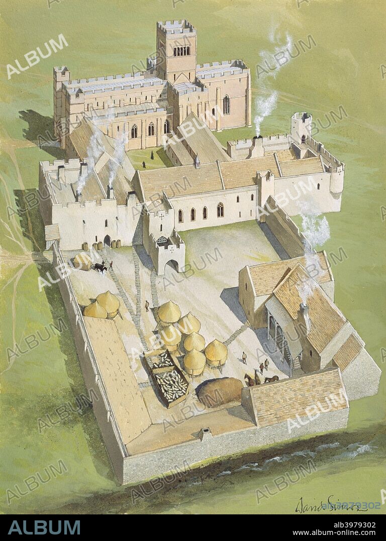 Lindisfarne Priory, Holy Island, Northumberland. Aerial view reconstruction drawing of the priory in the later Middle Ages from the south-west.