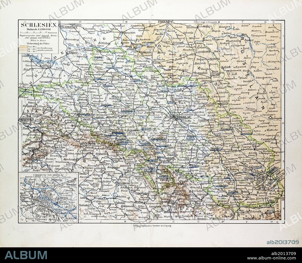 MAP OF SILESIA, POLAND, 1899.