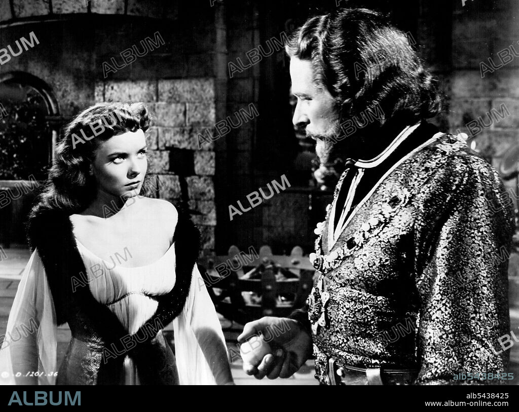 Columbia Pictures presents Rouges of Sherwood Forest in Color by Technicoor starring John Derek and Diana Lynn with George Macready and Alan Hale. Screen play by George Burce directed by Douglas produced by Fred M Packard. Diana Lynn & George Macready. April 23, 1951. (Photo by National Screen Service Corp.).;Columbia Pictures presents Rouges of Sherwood Forest in Color by Technicoor starring John Derek and Diana Lynn with George Macready and Alan Hale. Screen play by George Burce directed by Do.