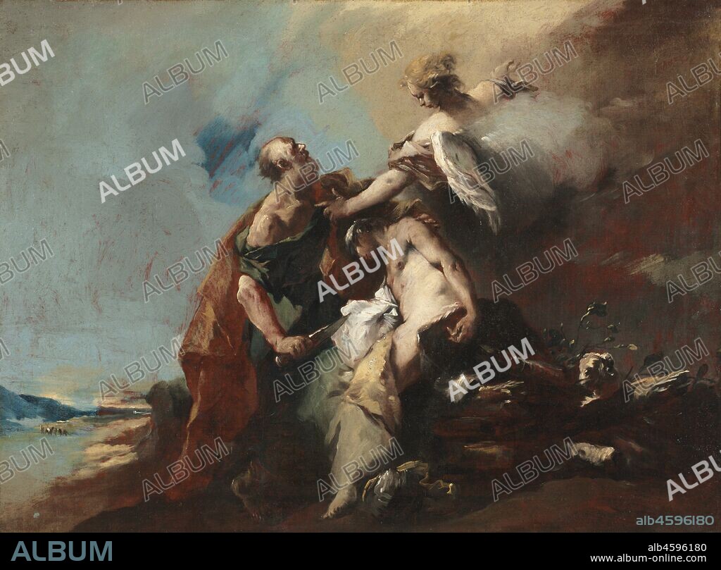 The Sacrifice of Isaac, Tobias and the Angel, The Angels Appearing to Abraham, Abraham Welcoming the Three Angels (painting series), 1750s. This series of paintings predominantly tells the Old Testament story of Abraham and Isaac, and each of the canvases treats the interaction of humans and angels. In three works, angels appear to Abraham and, in one particularly dramatic canvas, an angel intercepts Abraham before he sacrifices his own son. However, the narrative of Tobias and the Angel comes from an entirely different book of the Bible. The blind Tobit sends his son Tobias off to collect a sum of money in the distant town of Media, with the angel Raphael accompanying him in disguise as a human. This particular work depicts Raphael overseeing Tobias catching a fish, which would later be used to cure his father's blindness. Though the depiction the stories seems incongruous, the Sacrifice of Isaac and Tobias and the Angels were popular in Italian art between the fifteenth and seventeenth centuries and both treat fathers and sons as well as obedience inspired by faith.