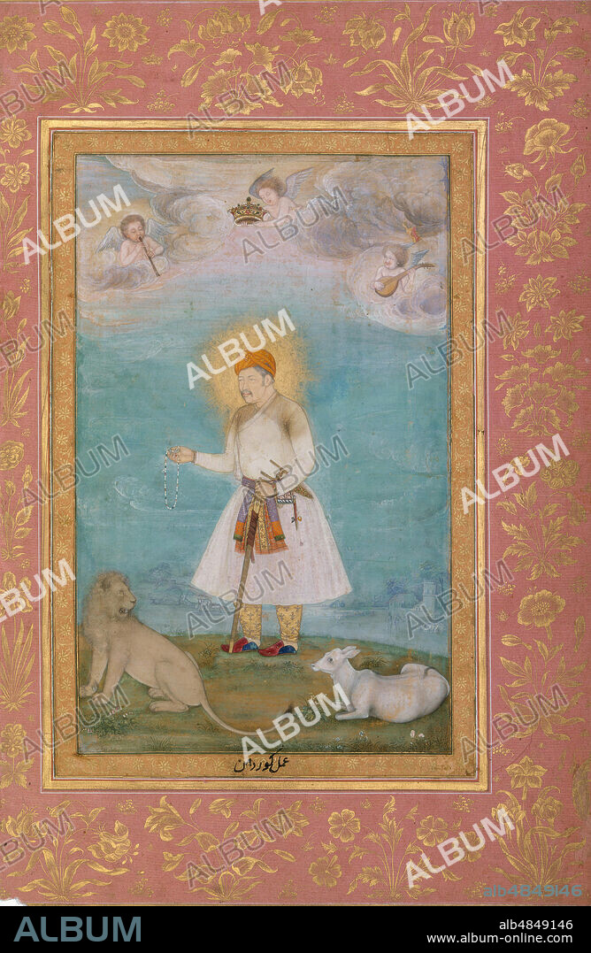 GOVARDHAN and MIR 'ALI HARAVI. Akbar With Lion and Calf, Folio from the Shah Jahan Album, verso: ca. 1630; recto: ca. 1530-50.