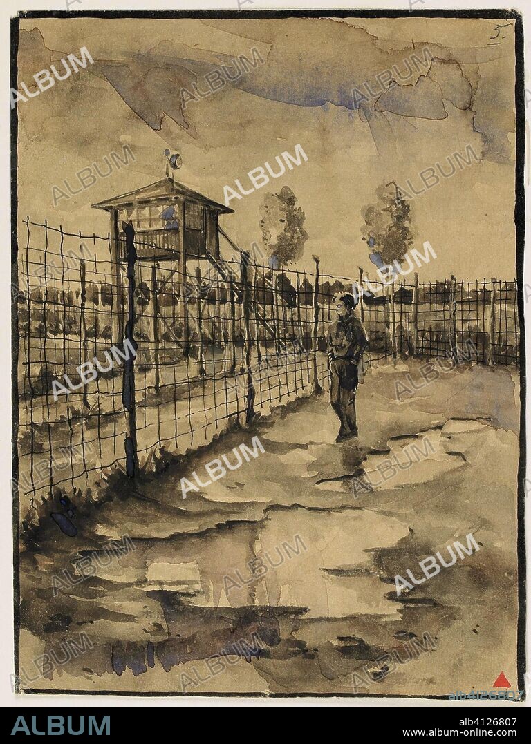Wachttoren nummer 7. Krijgsgevangenenkamp Stalag IVB in Mühlberg aan de Elbe (series title). Draughtsman: Wim van Hooff. Dating: Sep-1944. Place: Mühlberg. Measurements: h 23 cm × w 17 cm.