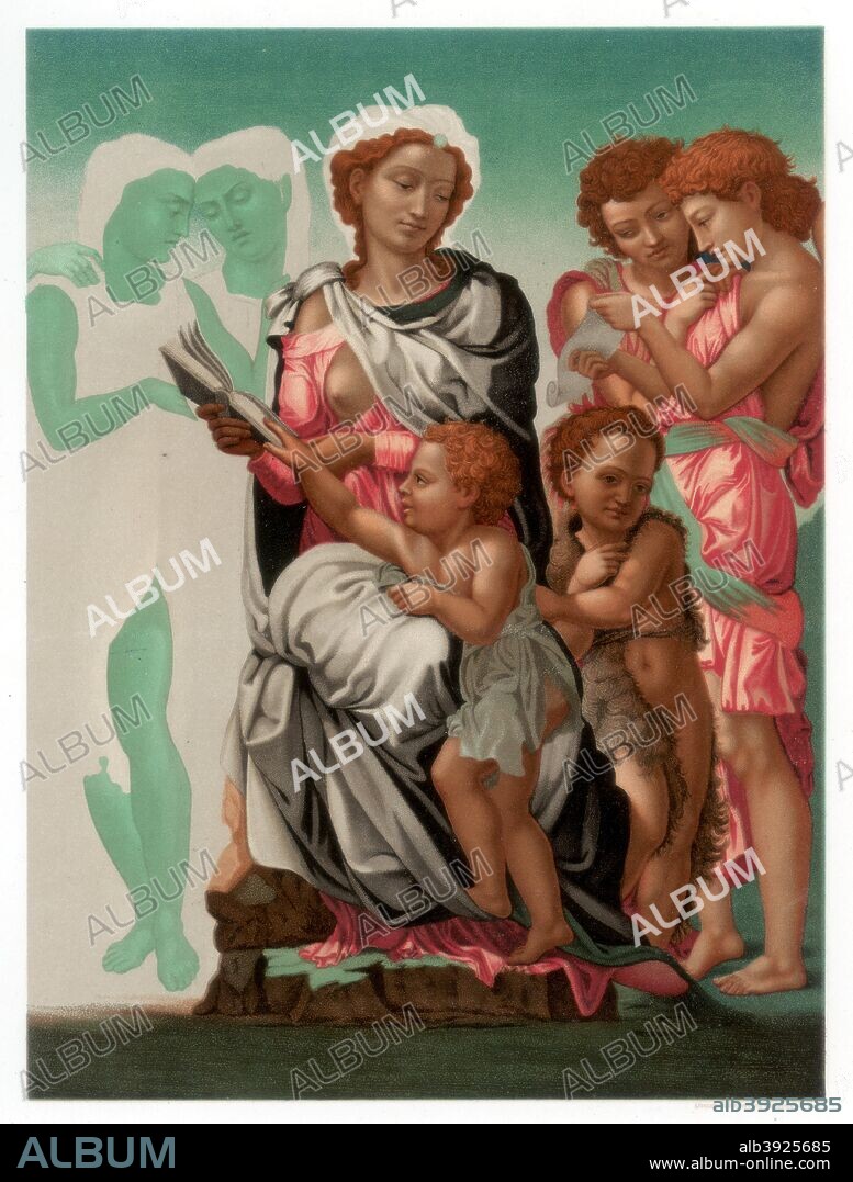 The 'Manchester Madonna', c1497 (1870). The painting, which is also known by the title 'The Madonna and Child with St John and Angels' is unfinished. Found in the collection of the The National Gallery, Trafalgar Square, London. A print from Les Chef D'oeuvre de la Peinture Italienne by Paul Mantz, Paris, 1870.