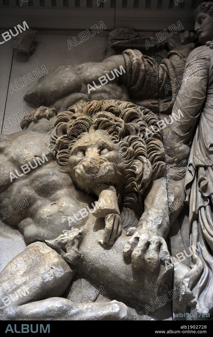 ARTE GRIEGO-HELENISTICO. ASIA MENOR. "ALTAR DE ZEUS O ALTAR DE PERGAMO". Mármol y piedra caliza. Fue construído por orden de Eumenes II Sóter (197-159 a. C.), entre los años 164 y 156 a. C. Los relieves fueron realizados por artistas de la escuela de Pérgamo, en estilo barroco helénico. GIGANTOMAQUIA. Friso Norte. "POSIBLE REPRESENTACION DE CETO, MONSTRUO MARINO QUE PERSONIFICABA LOS PELIGROS DEL MAR; ERA LA ESPOSA DE FORCIS Y MADRE DE LAS GRAYAS". Detalle león. Museo de Pérgamo (Isla de los Museos). Berlín. Alemania. Europa.