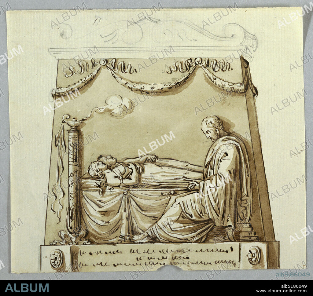 Design for a Sepulcher Monument for a Couple, Graphite, pen and ink, brush and bistre wash on paper, A pylon rises from a base. The central part shows an inscription. An entablature and pediment are roughly sketched. Festoons surround the top of the pylon. Effigies of a young couple is shown lying upon their bed. A candelabrum stands beside their heads. An elderly man in a toga is seated beside their feet., Italy, ca. 1810, architecture, Drawing, Drawing.