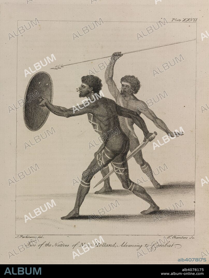 SYDNEY PARKINSON, S PARKINSON et J CHAMBERS. Natives of New Holland. A Journal of a Voyage to the South Seas, in His Ma. Stanfield Parkinson: London, 1773. Two of the natives of New Holland, advancing to combat.  Image taken from A Journal of a Voyage to the South Seas, in His Majesty's ship, the Endeavour (under the command of Captain James Cook).  Originally published/produced in Stanfield Parkinson: London, 1773. . Source: L.R.294.c.7, plate XXVII. Language: English.