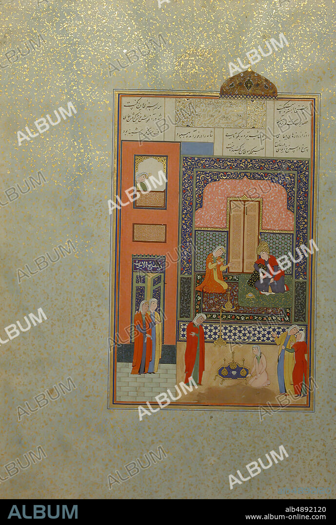 Nizami, 'Bahram Gur in the Red Palace on Tuesday', Folio 220 from a Khamsa (Quintet) of Nizami, Nizami (11411209), Painting by Shaikh Zada, Folio from an illustrated manuscript, A.H. 931/A.D. 152425, Made in present-day Afghanistan, Herat, Ink, opaque watercolor, and gold on paper, Painting: H. 8 5/8 in. (21.9 cm), W. 5 1/8 in. (13 cm), Page: H. 12 5/8 in. (32.1 cm), W.8 3/4 in. (22.2 cm), Mat: H. 19 1/4 in. (48.9 cm), W. 14 1/4 in. (36.2 cm), Codices.