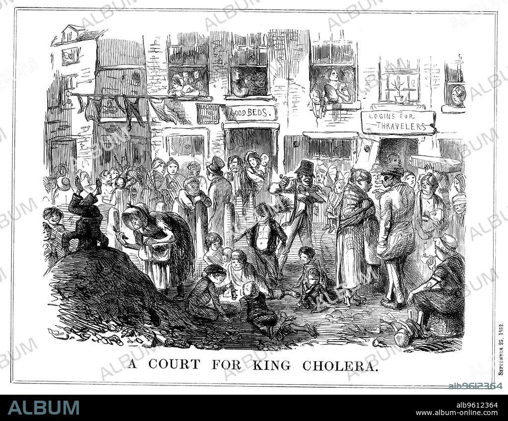 'A Court for King Cholera', 1852. A scene typical of the crowded, unsanitary conditions in London slums. Cholera first appeared in Britain in 1831, and outbreaks occurred regularly in London in the mid 19th century. Its relationship with contaminated water was not understood until established by John Snow (1813-1858). Snow published his theory in a pamphlet in 1849, but did not prove his findings to be correct until another epidemic occurred in 1854. His work led to legislation paving the way for dramatic improvements in all aspects of public health provision. Cartoon from Punch. (London, 25 September 1852).