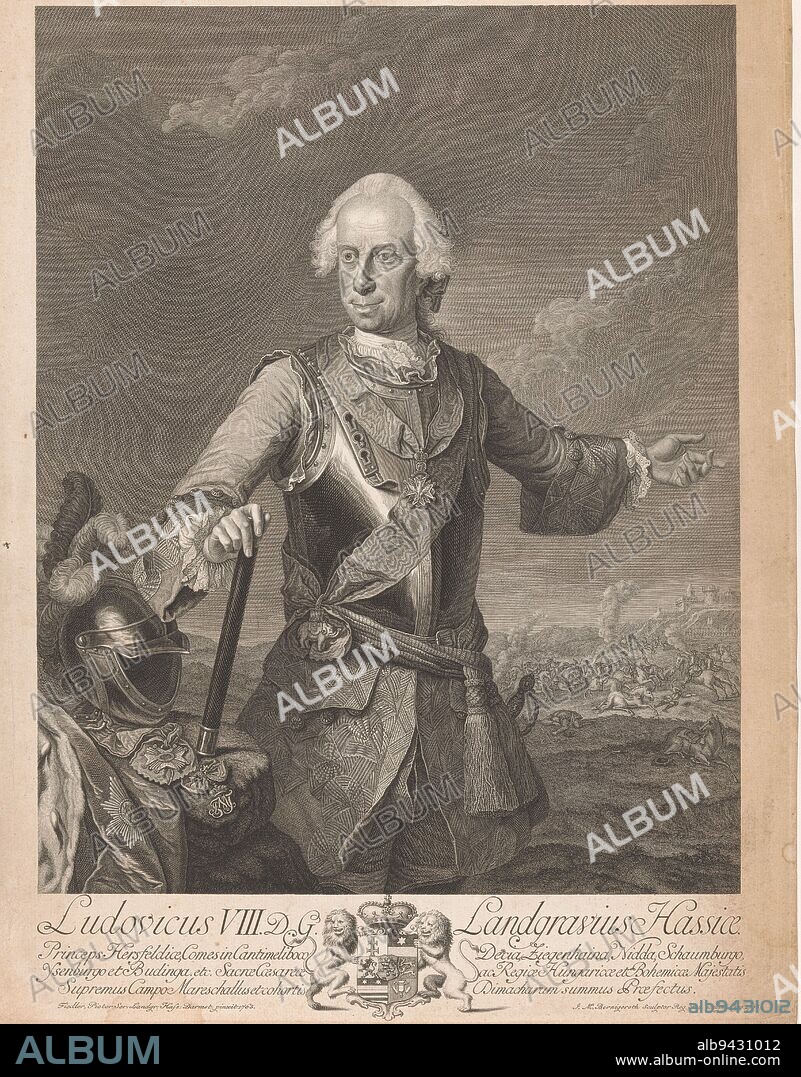 Portrait of Ludwig VIII von Hessen-Darmstadt, print maker: Johann Martin Bernigeroth, (mentioned on object), after: Johann Christian Fiedler, (mentioned on object), Leipzig, 1763, paper, engraving, h 482 mm × w 362 mm.