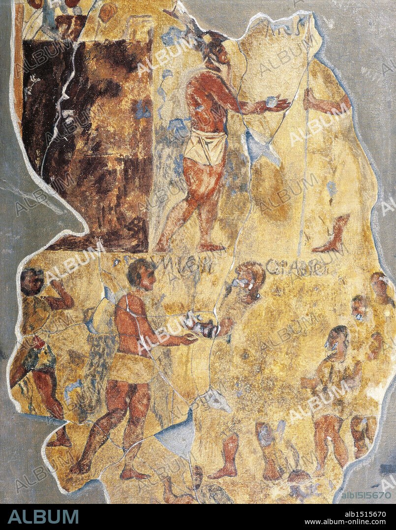 Roman civilization, 3rd century b.C. Fragments of a fresco portraying Marco Fannio and Quinto Fabio, from a tomb on the Esquiline, Rome.