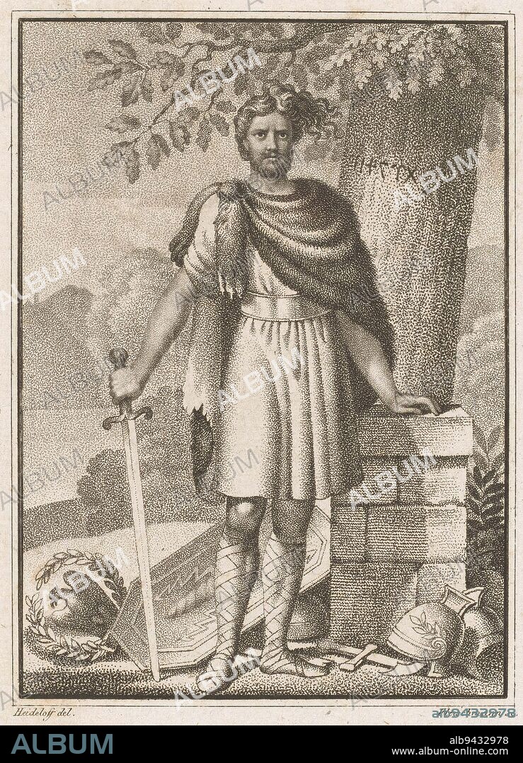 Portrait of Arminius, Friedrich Fleischmann, after Carl Alexander von Heideloff, 1821, print maker: Friedrich Fleischmann, (mentioned on object), intermediary draughtsman: Carl Alexander von Heideloff, (mentioned on object), publisher: Friedrich Campe, Neurenberg, 1821, paper, h 128 mm - w 88 mm.