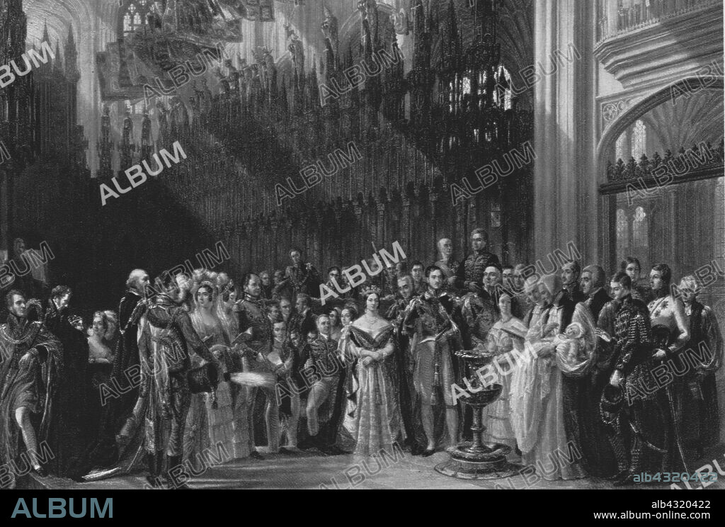 'The Christening of the Prince of Wales, January 25 1842', (1901). Albert Edward, Prince of Wales (future King Edward VII, 1841-1910), eldest son and second child of Queen Victoria and Prince Albert, was christened at St George's Chapel, Windsor Castle, by William Howley, Archbishop of Canterbury. From "The Illustrated London News Record of the Glorious Reign of Queen Victoria 1837-1901: The Life and Accession of King Edward VII. and the Life of Queen Alexandra". [London, 1901].
