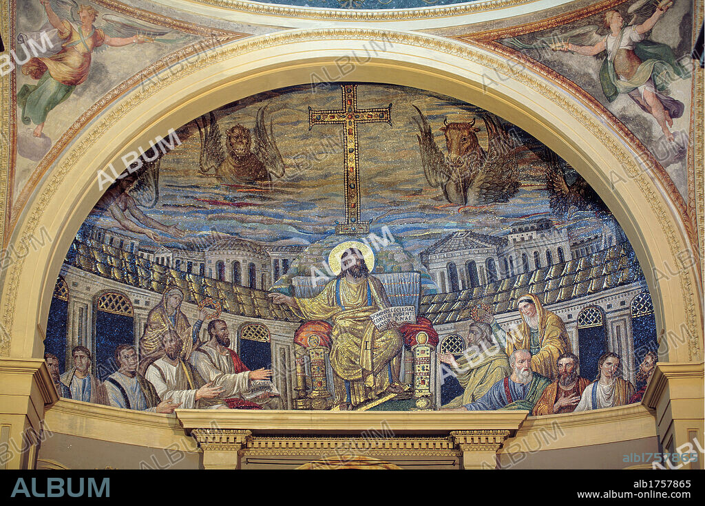 Christ Teaching the Apostles in the Heavenly Jerusalem (Christ Enthroned With the Apostles or Christ in Majesty), by Unknown artist, 4th Century,. Italy; Lazio; Rome; Santa Pudenziana Basilica; . All. Apse mosaic tesserae throne Christ halo/aureole apostles saint women Pudenziana Prassede city walls Jerusalem buildings cross symbols Evangelists angel lion bull eagle tatramorph Revelation/Apocalypse.