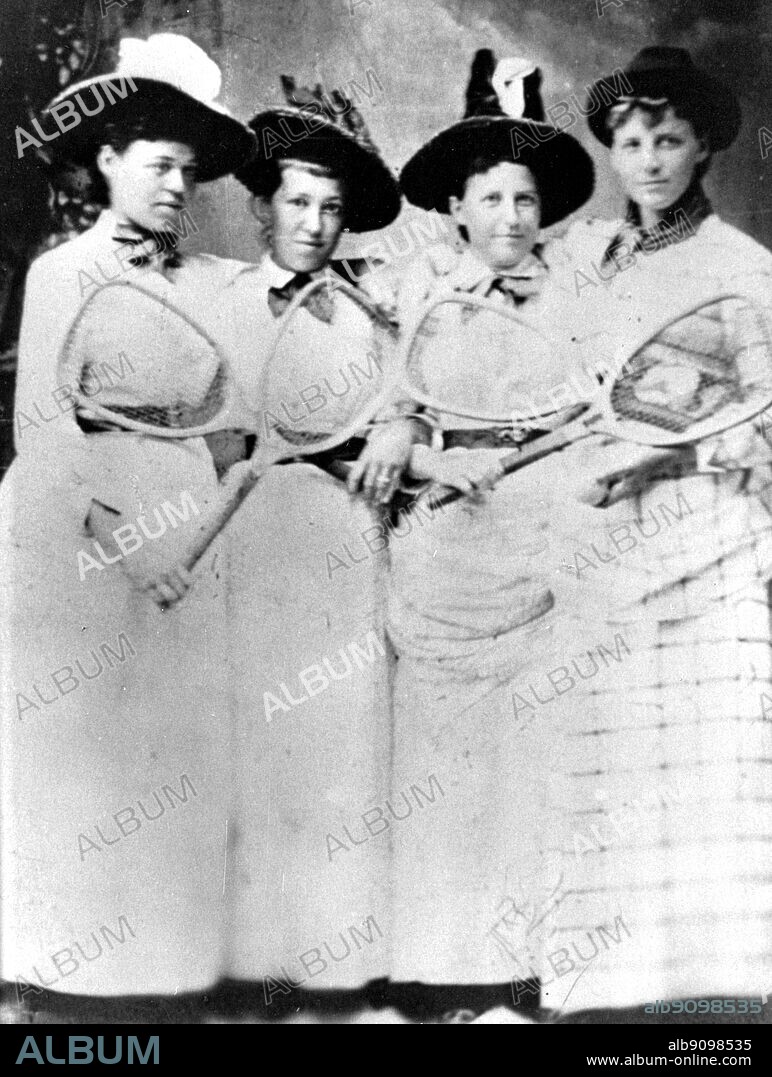 Ellen Hansell (right) with three early American tennis players: (left to right) Bertha Townsend (champion 1888-9), Margie Ballard and Louise Allerdice. The Encyclopedia of Tennis page 258.