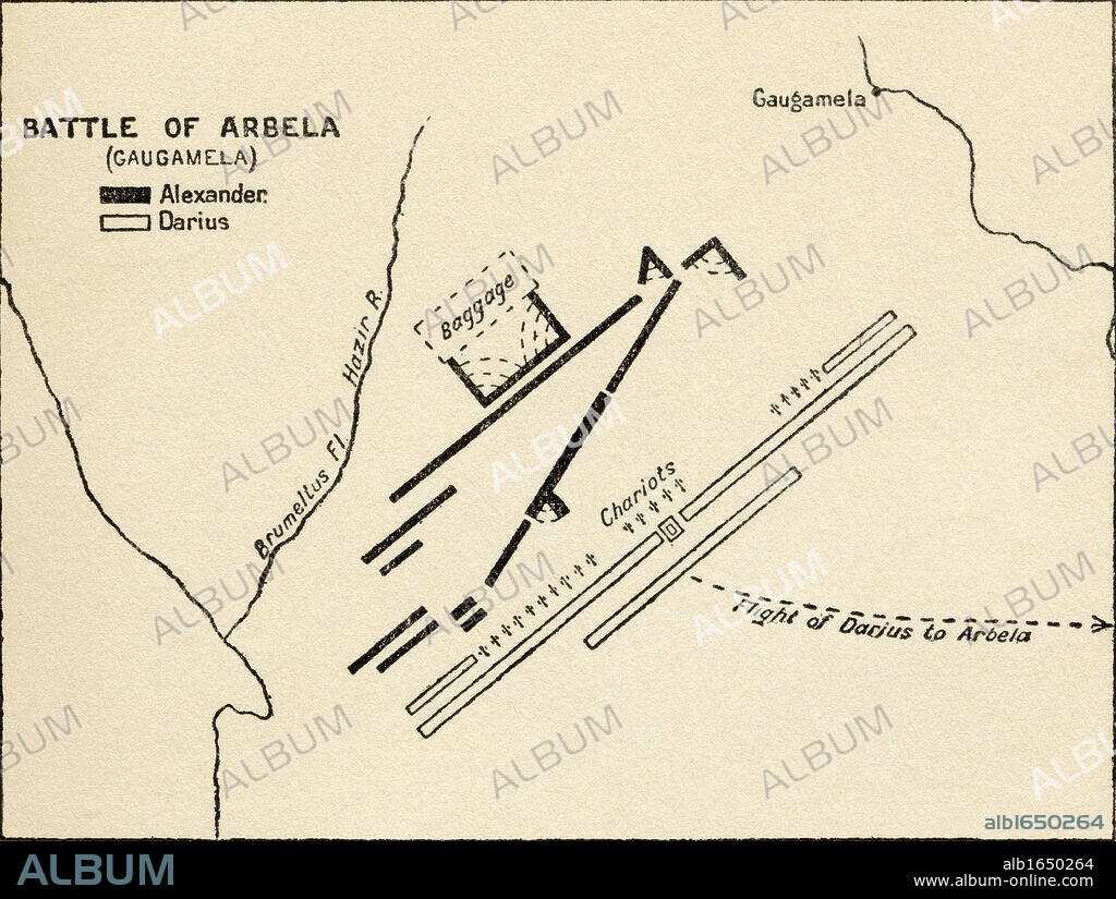 Map of The Battle of Gaugamela which took place in 331 B.C. and was part of the Wars of Alexander the Great. From the book Atlas of Ancient and Classical Geography published 1928.
