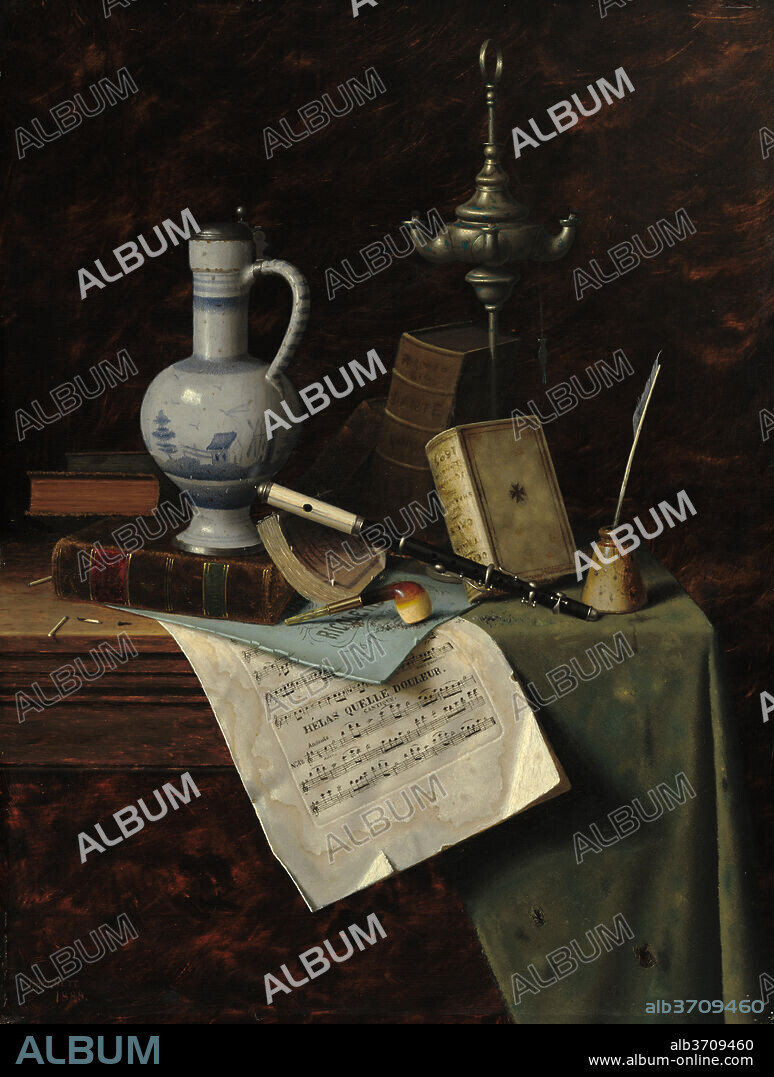 WILLIAM MICHAEL HARNETT. My Gems. Dated: 1888. Dimensions: overall: 45.7 x 35 cm (18 x 13 3/4 in.)  framed: 62.2 x 52.7 x 6.4 cm (24 1/2 x 20 3/4 x 2 1/2 in.). Medium: oil on wood.