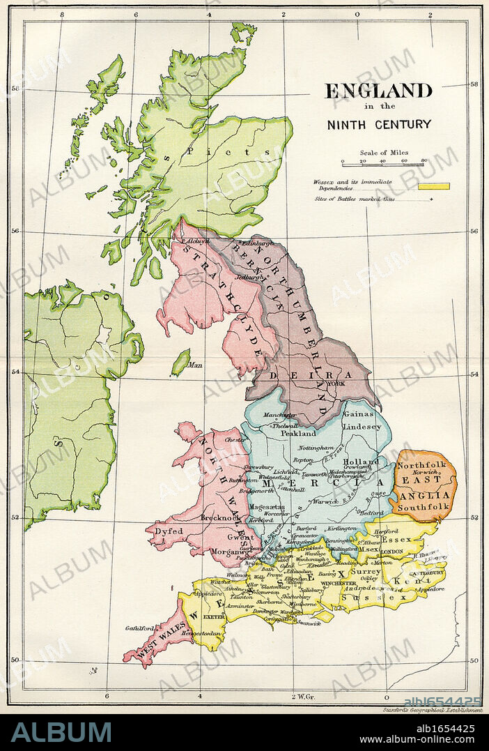 Map of England in the Ninth Century from A Short History of the English People by John Richard Green published by Macmillan and Co 1911.