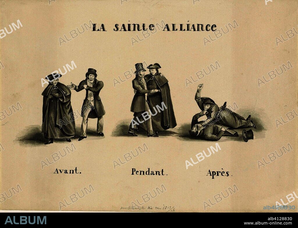 Spotprent op de alliantie gesloten tussen de roomse klerikale partij en de liberale partij tegen de Nederlandse regering, 1828. La Sainte Alliance (title on object). Dating: 1828. Place: Southern Netherlands. Measurements: h 217 mm × w 303 mm.
