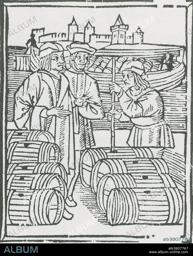 Scenes of a trade: wine merchant. Woodcuts, 1500/01, from Les Ordonnances de paris.