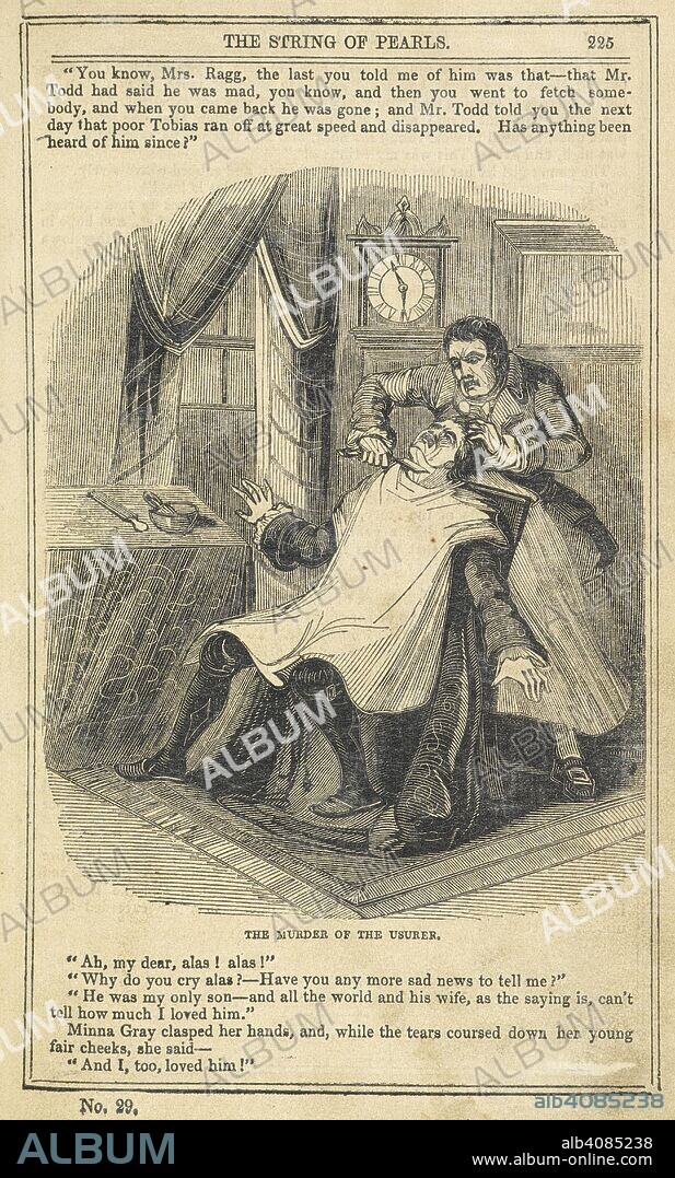 JAMES MALCOM RYMER. 'The murder of the usurer'. Illustration depicting Sweeney Todd, the barber, slitting the throat of a customer. The String of pearls; or, The Barber of Fleet Street. A domestic romance. London : Published by E. Lloyd, Sailsbury Square, Fleet Street , MDCCCL [i.e. 1850]. Source: C.140.d.6 page 225.