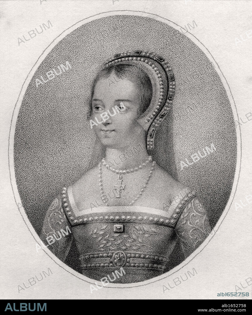 Catherine Parr also spelled Katherine 1512-1548 English Queen Sixth wife of England's Henry VIII Engraved by Bocquet after Holbein from the book A Catalogue of the Royal and Noble Authors published 1806.