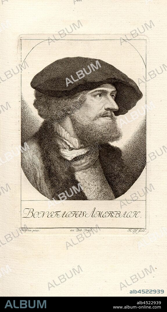 Bonefacius Amerbach, Portrait of Bonifaz Amerbach (also Bonifacius Amerbach), signed: Holbein pinx, H. Pf. Fecit, Taf. 41, p. 278, Holbein, Hans d. J. (pinx.); Pfenninger, Heinrich (fec.), Leonhard Meister; Heinrich Pfenninger; J. C Fäsi: Helvetiens berühmte Männer in Bildnissen. Bd. 1. Zürich: im Verlag von Heinrich Pfenninger Mahler, 1799.
